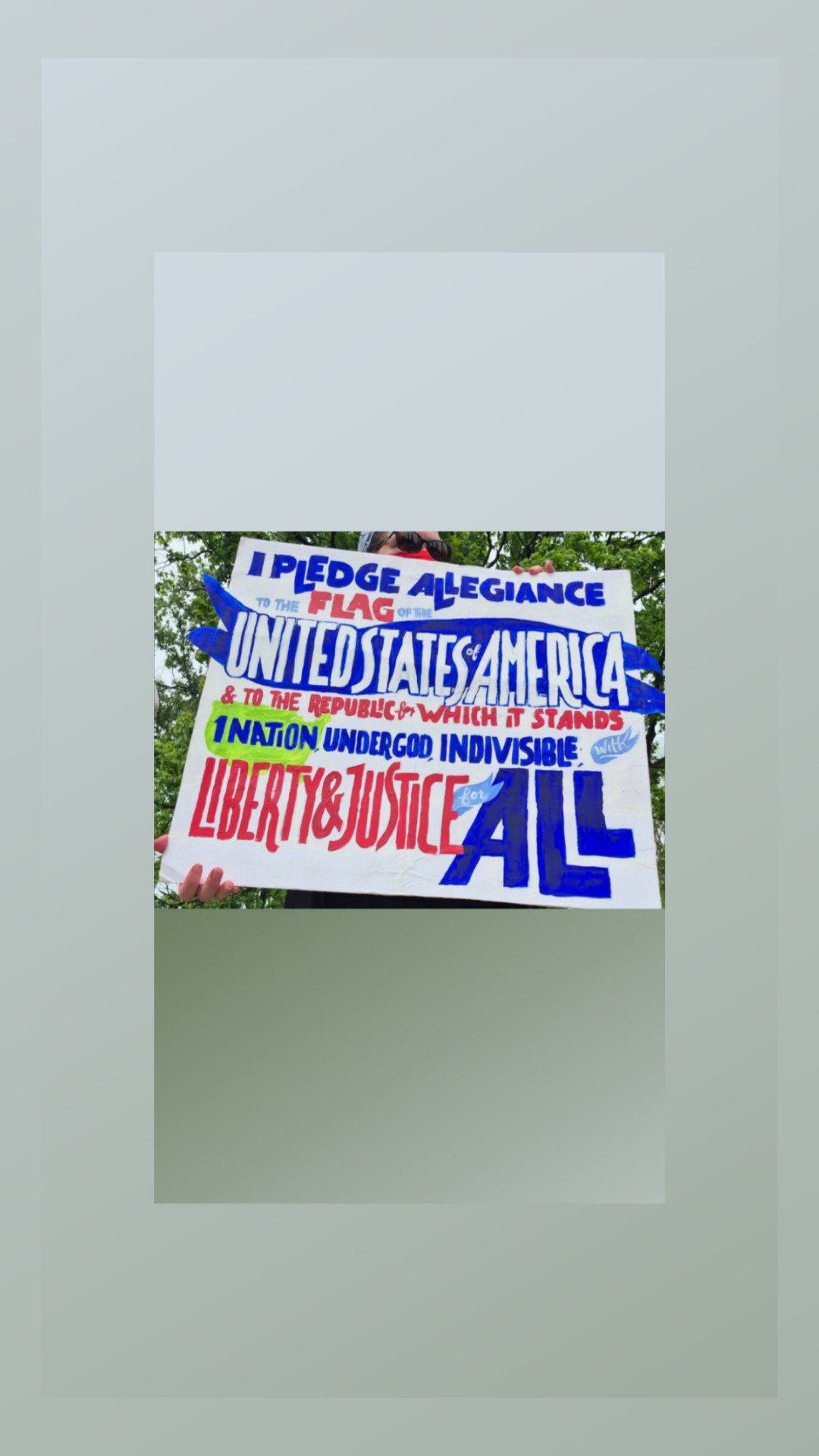 Protest sign bearing the full text of the Pledge of Allegiance