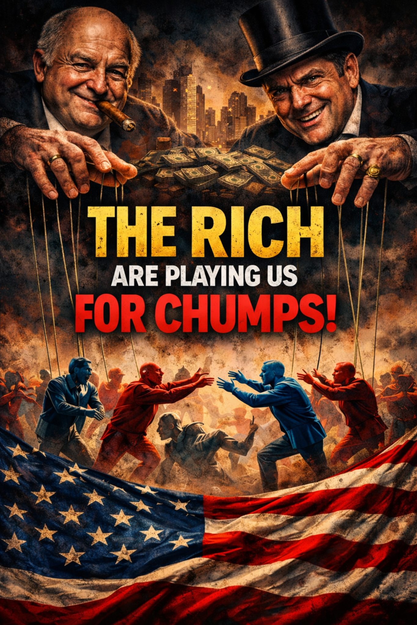 The Rich Are Playing Us For Chumps — puppet masters controlling red and blue figures fighting