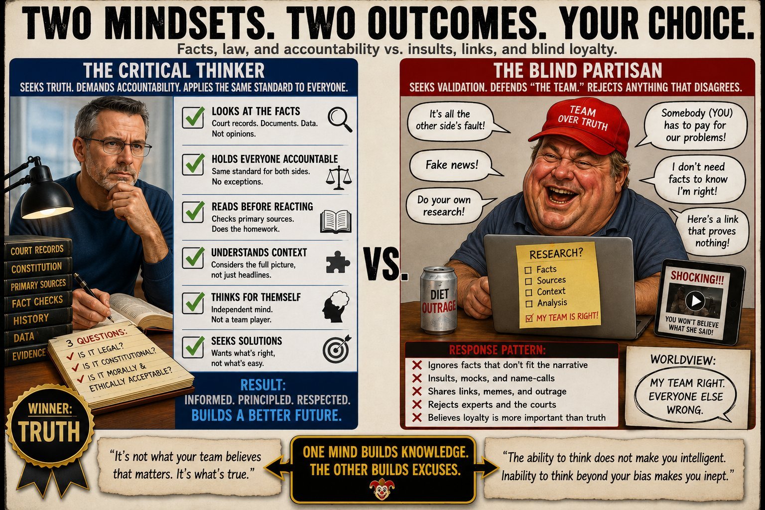 Illustration contrasting two mindsets: a critical thinker at a desk with court records, the Constitution, and primary sources, checking facts against the same standard for everyone — versus a blind partisan in a 'Team Over Truth' cap surrounded by insults, outrage, and links that prove nothing.