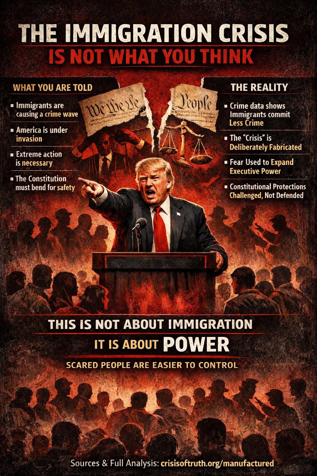 The Immigration Crisis Is Not What You Think — infographic showing the manufactured narrative vs. reality