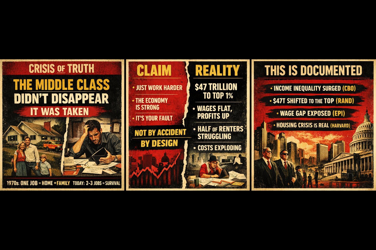 Crisis of Truth: The middle class didn't disappear — it was taken. Claim vs. Reality: $47 trillion shifted to the top 1%. Documented by CBO, RAND, EPI, and Harvard.