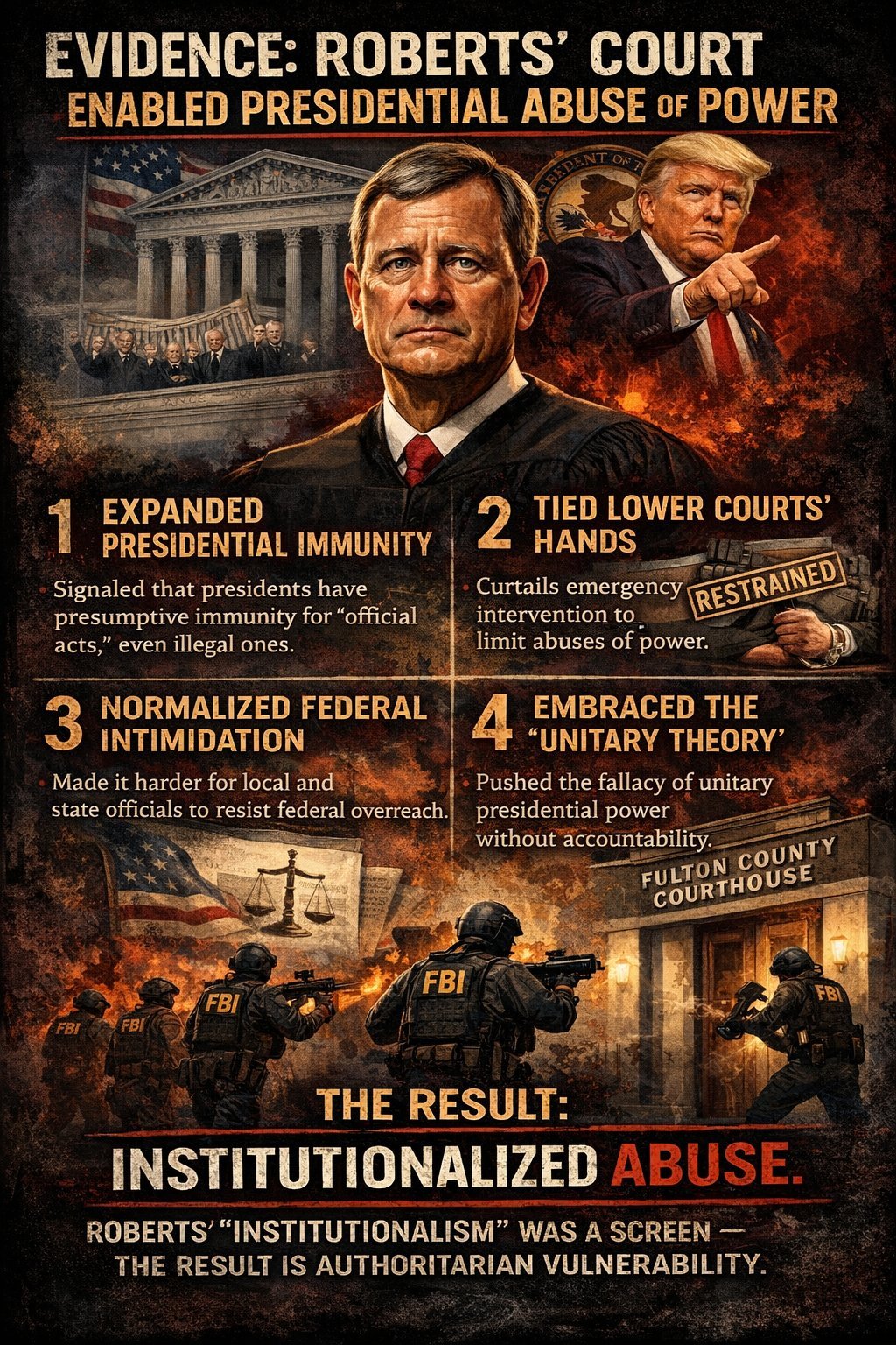 Evidence: Roberts Court Enabled Presidential Abuse of Power - 4 pillars of institutional erosion leading to institutionalized abuse
