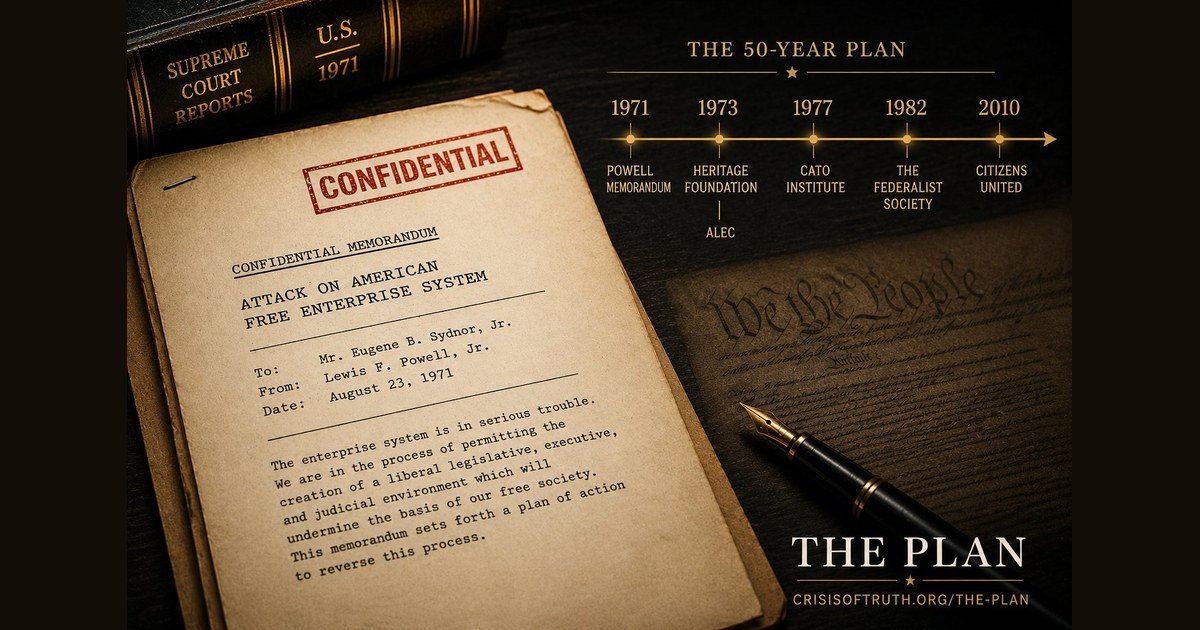 The Powell Memorandum of August 23, 1971 — confidential memo from Lewis F. Powell, Jr. to the U.S. Chamber of Commerce, with timeline of institutions built from its recommendations: Heritage Foundation 1973, ALEC 1973, Cato Institute 1977, Federalist Society 1982, Citizens United 2010.