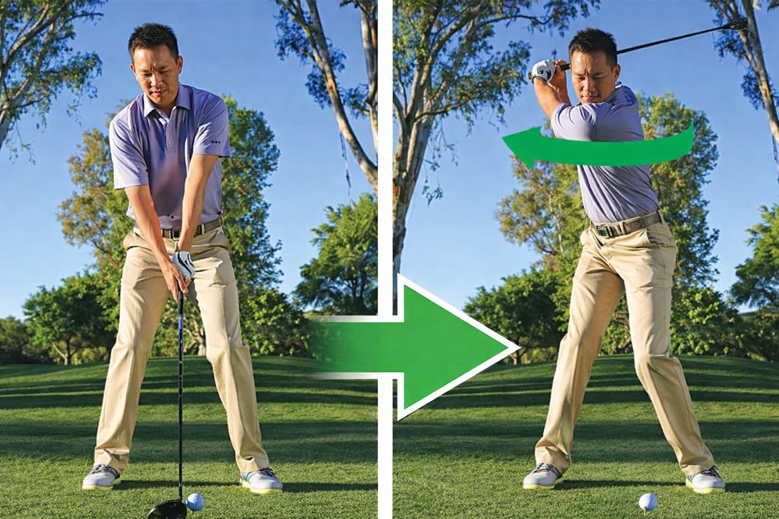 Zach Allen demonstrating golf swing — address position and follow-through