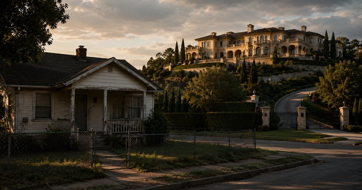 A modest weathered house behind a chain-link fence in the foreground, with a gated hilltop mansion in golden light behind it