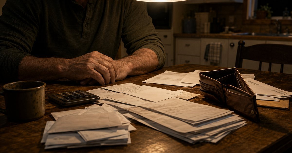 A man's hands folded on a kitchen table at night, surrounded by bills, a calculator, and a nearly empty wallet