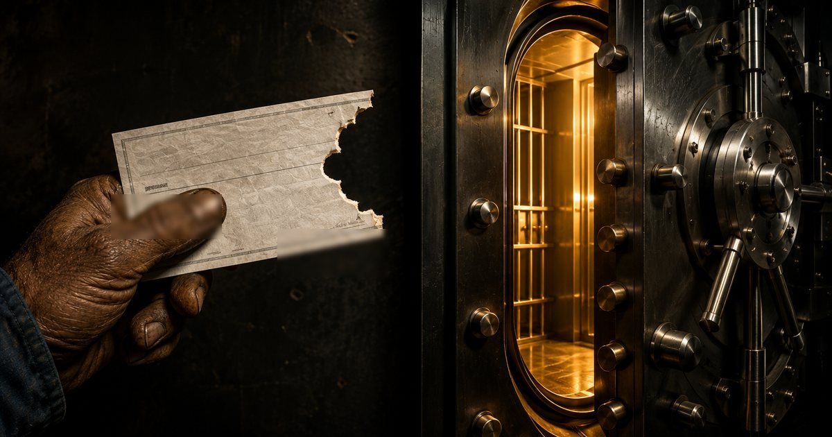 A worker's hand holding a paycheck with a piece torn away, beside a gleaming bank vault standing open and untouched