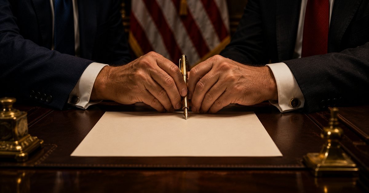 Two men in suits, one wearing a blue tie and one a red tie, jointly holding a single gold pen over a blank document