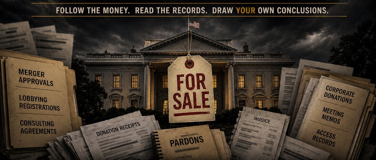 The White House at night with a FOR SALE tag hanging from the portico, surrounded by piles of documents labeled merger approvals, lobbying registrations, donation receipts, and pardons